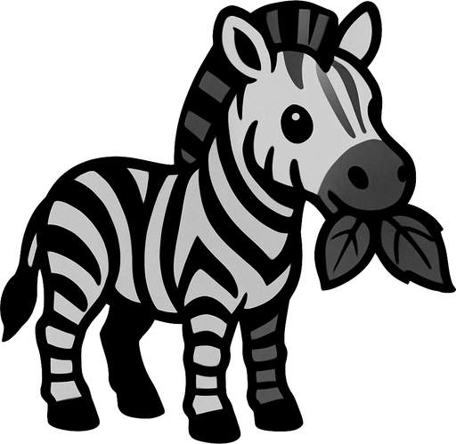 A grey zebra eating a leaf.
In-Game asset.  2d.  High contrast.  No shadows