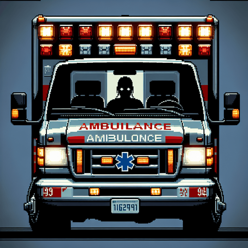 front of an ambulance with a silouhete of a driver..
video game style