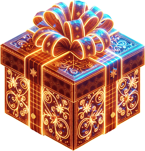 a christmas gift in beautiful glowing wrapping paper Single Game Texture. In-Game asset. 2d. Blank background. High contrast. No shadows.