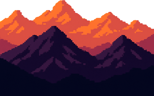 Montañas en atardecer pixelart.
In-Game asset.  2d.  High contrast.  No shadows