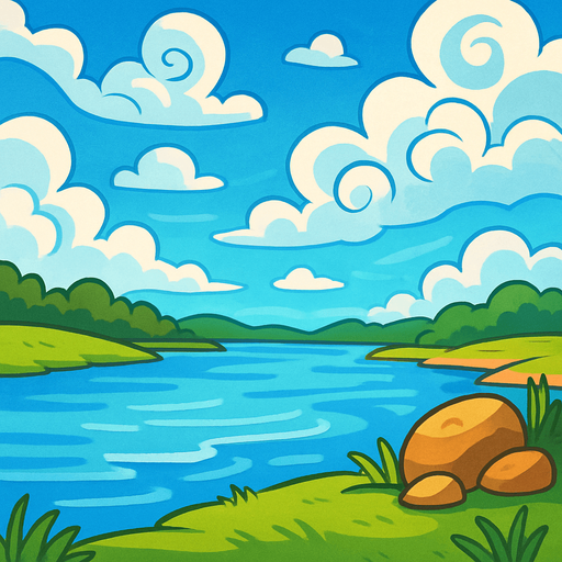 cartoony sky and bank of river