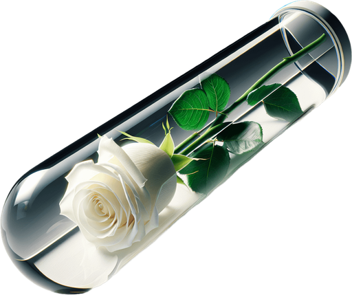 elegant white rose in a long transparent futuristic glass tube.