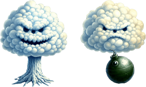 a pergament with a snowball and two clouds, in one cloud is a powerful shield hidden, in a other cloud is a grinding grinch with a bomb.  There is the text: "Everything can be hidden in the clouds. Throw a snowball to see what is there."