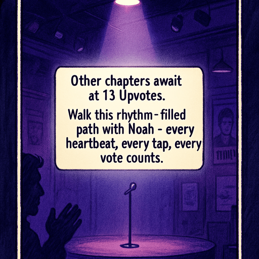 A vertical cinematic scene in a semi-realistic comic style with white photo-like borders. In the center, a spotlight shines down on a small empty stage inside a dimly lit club, hinting at anticipation. The atmosphere is emotional and moody, using purples and blues. A soft glow surrounds the narrator box in the center, which reads: “Other chapters await at 15 Upvotes. Walk this rhythm-filled path with Noah — every heartbeat, every tap, every vote counts.” The narrator box is rectangular with rounded edges, resembling a classic comic caption box. Background elements suggest quiet support — maybe a shadowy figure clapping, or faint posters of Noah. No characters shown clearly, just a stage awaiting the next act..
In-Game asset.  2d.  High contrast.  No shadows