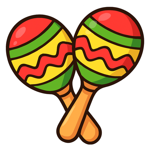 A colorful, cartoon-style 2D illustration of a pair of maracas. Each maraca should have a rounded top and a small wooden handle, decorated with bright patterns (like stripes or zigzags in red, yellow, green). The design should be playful and festive, matching the visual style of mobile games. Export as a transparent PNG, with bold outlines and soft shading, suitable for use as a music quiz game icon..rounded background with yellow or green

In-Game asset.  2d.  High contrast.  No shadows