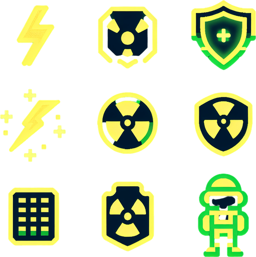 A sprite sheet that has power up icons. Icons include lightning bolt, shield, radioactive symbol and a small soldier. Cyberpunk and using neon glow. Green and yellow highlights. 
Single Game Texture. In-Game asset. 2d. Blank background. High contrast. No shadows.