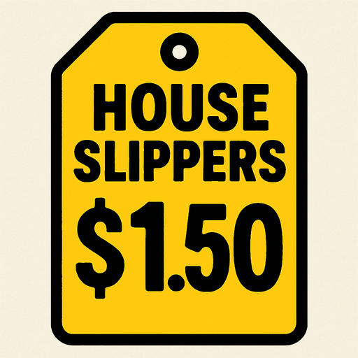 price tag that says house slippers $1.50.
In-Game asset.  2d.  High contrast.  No shadows