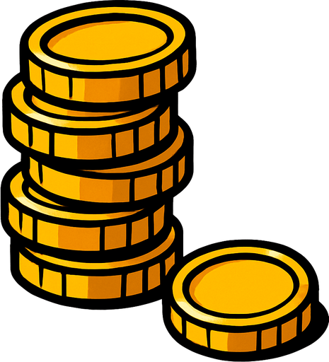 5 tane üst üste durmuş, kule gibi ama yamuk olan ve bir tanede yere düşmüş madeni para.
In-Game asset.  2d.  High contrast.  No shadows
