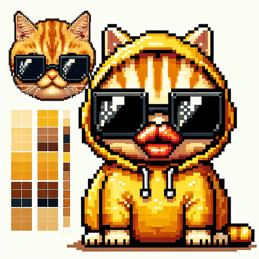 The character in the image is now envisioned as a pixel-art masterpiece, akin to a legendary golden NFT. This orange tabby cat, with its distinct stripes, is brought to life using a luxurious palette of golden and orange square pixels. The round face is accentuated by large, black pixels for eyes, shielded by opulent, oversized, round, dark opaque sunglasses crafted from golden pixels. The cat's signature, exaggerated red pout, resembling a duck's bill, is rendered in a rich, golden hue, stretching across the entire width of its face, adding to its rarity and allure. The body, deliberately smaller in pixel size compared to its head, is designed to enhance the character's cute, chubby appearance, all in golden tones to emphasize its legendary status. Adorned in a simple, light-colored hoodie with a golden pixelated drawstring, the cat sits with its paws visible in front, maintaining a relaxed posture. This creation, with its playful and whimsical pixel art style, embodies the essence of a luxurious and rare digital collectible, perfect for a high-value NFT mascot or a character in an exclusive digital children's book..
Single Game Texture. In-Game asset. 2d. Blank background. High contrast. No shadows.