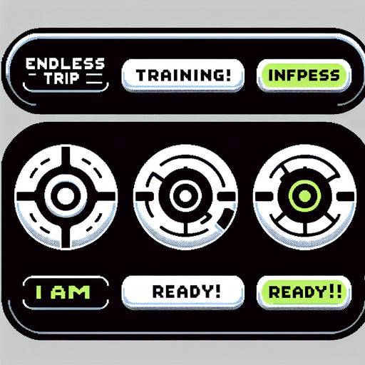 3 buttons that read:
Endless Trip
Training!
I am ready!
Futuristic font. White black and green..
Single Game Texture. In-Game asset. 2d. Blank background. High contrast. No shadows.