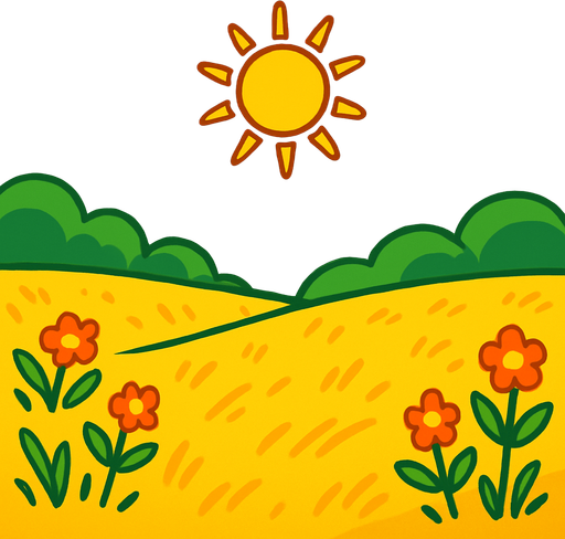 Un campo soleado.
In-Game asset.  2d.  High contrast.  No shadows. Cartoon