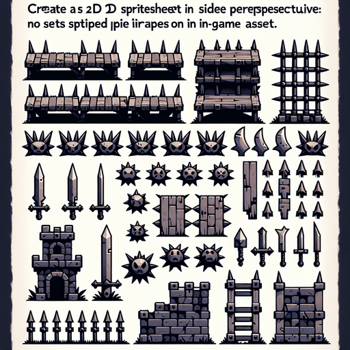 A spritesheet in sideperspectie showing various platform for a platformer game, some of them with medieval spilketraps or sets of spiked pallisades..
Single Game Texture. In-Game asset. 2d. Blank background. High contrast. No shadows.