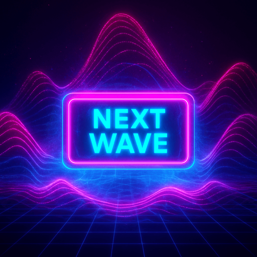 neon cyberpunk glowing NEXT WAVE button blue pink futuristic videogame hologram wave projection simulation