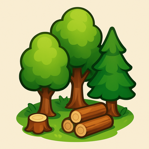 Crea un nodo de recurso de Bosque de Madera en un estilo 2D renderizado, limpio y cartoonish, con contornos claros y definidos, colores vibrantes con transiciones suaves, y sombreado que dé volumen. Debe ser fácilmente reconocible como una fuente de madera.

Estructura Principal: Un pequeño grupo de árboles estilizados de diferentes alturas y formas. Los troncos deben ser marrones y las copas verdes (variedad de tonos de verde).

Suelo: Un poco de hierba verde alrededor de las bases de los árboles.

Recursos Visibles: Debería haber algunos troncos cortados o pilas de madera pequeñas cerca de los árboles para indicar que es una fuente activa de madera.

Claridad: Debe haber suficiente espacio entre los elementos para que los trabajadores puedan interactuar con ellos visualmente.

Dimensiones Sugeridas: Similar a los otros nodos de recursos (64x64 o 96x96 píxeles)..
In-Game asset.  2d.  High contrast.  No shadows