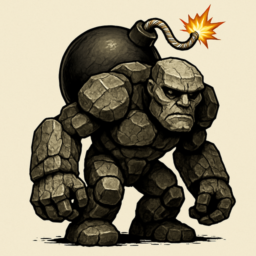 un golem de piedra ultra realista con una bomba en la espalda.
In-Game asset.  2d.  High contrast.  No shadows