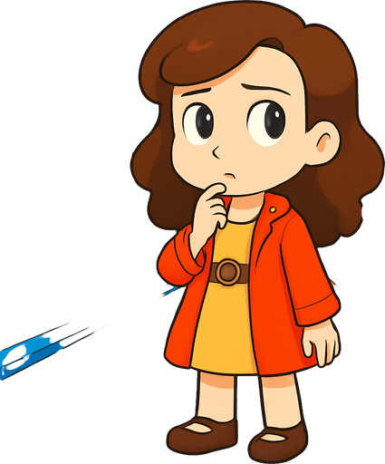 Make her stand still and thinking look on face with finger on her chin