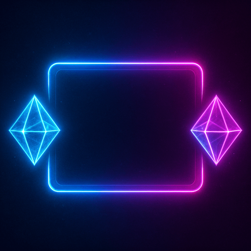 Neon cyberpunk rectangular empty outline flat two crystals hologram 2 glowing Diamonds on each side symmetrical selection highlight overlay