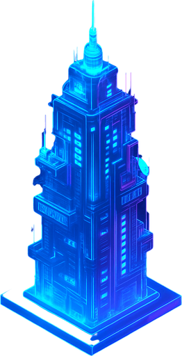 Top down isometric neon cyberpunk anime tower spire 3d hologram glowing  3d hologram hd large