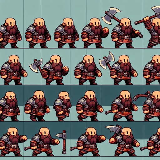 A spritesheet with various poses for a heavily armored little dwarven warrior with an axe in various poses for use in an endless runner game. Te poses should include walking, eating, jumping, ducking low, and chargingforward. Sprites should be laid out in a rectangular grid wih blank space between them. Style should be medieval fantasy..
Single Game Texture. In-Game asset. 2d. Blank background. High contrast. No shadows.
