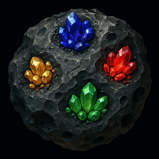 Uzay temalı asteroid, üzerinde cevherler bulunsun, gerçekçi, yazısız üstten görünüm. 
In-Game asset.  High contrast.  No shadows