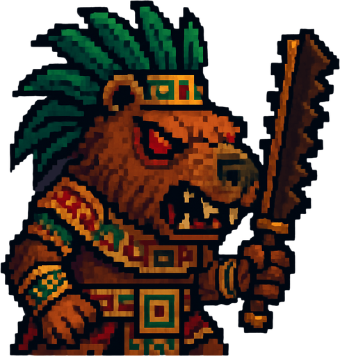 Genérame una Capibara guerrero azteca con eso patrones, estilo pixelar, con una apariencia maligna, ojos rojos, rabioso. Unidad cuerpo a cuerpo. Animal.
In-Game asset.  2d.  High contrast.  No shadows