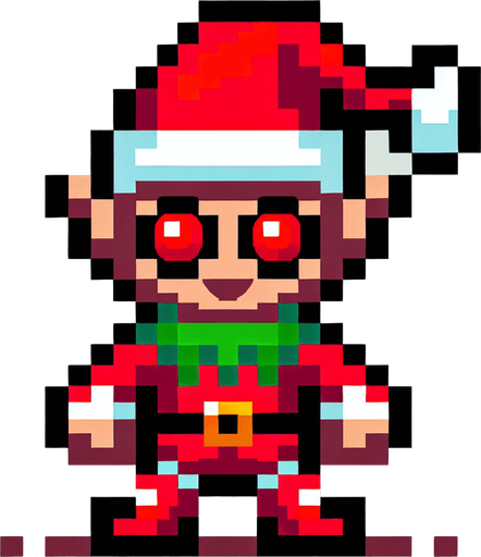 16 bit sprite of a red eyed christmas elf Single Game Texture. In-Game asset. 2d. Blank background. High contrast. No shadows.
