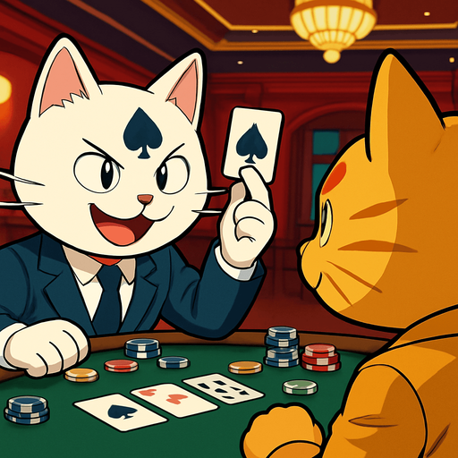 16:9 App Store banner with these two cats playing cards across the table from each other.  View is over the left shoulder of the orange cat towards the white cat, who is holding a card in the air with two fingers and looking triumphant. Poker chips are scattered across the table.