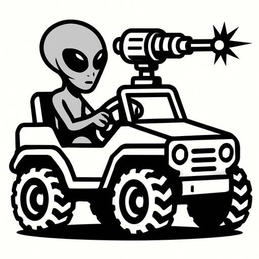 Grey alien driving a moon buggy space car with a laser cannon mounted on the roof.
In-Game asset.  2d.  High contrast.  No shadows