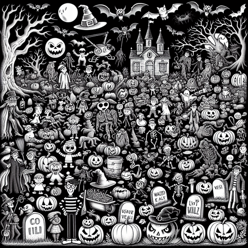 Generate a high quality cartoon background Halloween image on a black canvas similar to the format of where is waldo.
Single Game Texture. In-Game asset. 2d. Blank background. High contrast. No shadows.