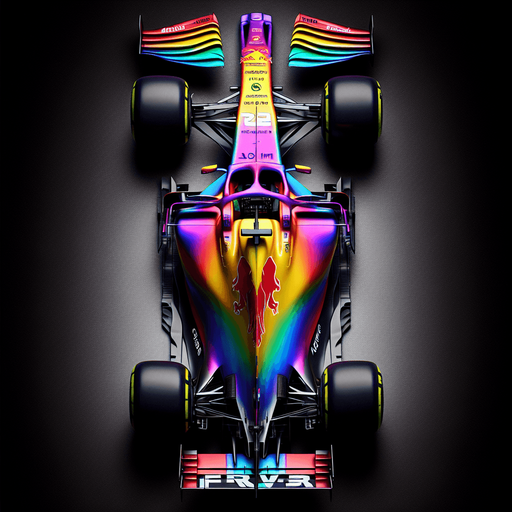 Full-length F1 race car. rainbow coloured Gradient on body. "FRVR" sponsor. Top view..
Single Game Texture. In-Game asset. 2d. Blank background. High contrast. No shadows.