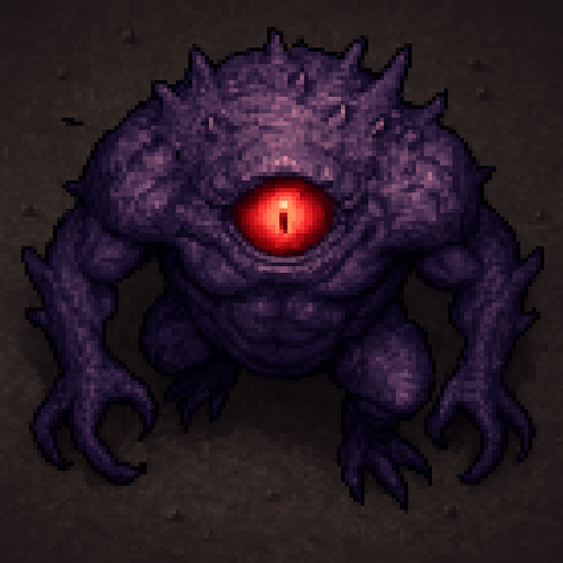 “Top-down 2D pixel art of a massive purple monster with a single glowing red eye. The creature has a deformed, muscular body, rough light purple skin with spikes or scales, and a monstrous, intimidating stance. Its eye is large and central, glowing intensely with a sinister aura. Clawed hands or tentacles may be emerging from its body. Designed as a high-quality game sprite for a dark fantasy or horror-themed pixel art game.”