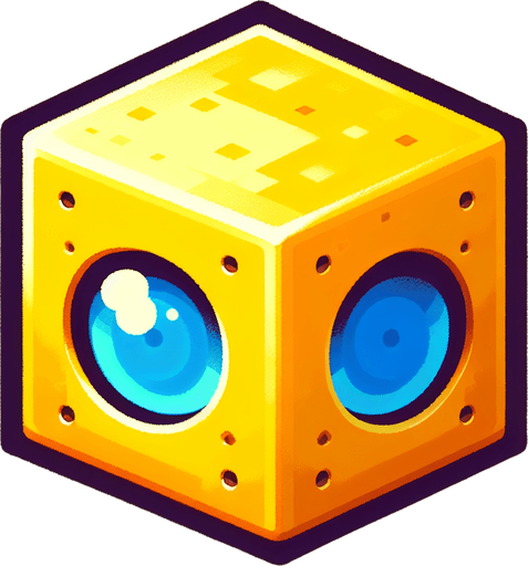 yellow cube with blue eyes.
Single Game Texture. In-Game asset. 2d. Blank background. High contrast. No shadows.
