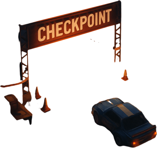 Checkpoint rally rod with dust in night, bird view