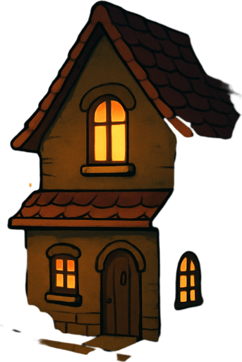 Create a detailed visual description or conceptual overview of a town at nighttime, featuring a house with a light on. The style should emulate the aesthetic and atmosphere typical of the Professor Layton game series, characterized by a charming, slightly whimsical, and puzzle-adventure ambiance with warm, inviting lighting and intricate, storybook-like details.

# Steps

1. Begin by envisioning a quaint town at night, with subdued lighting and a peaceful, mysterious aura.
2. Highlight a single house with a light on in a window, symbolizing activity or a story element.
3. Incorporate elements characteristic of the Professor Layton style: warm color palettes, soft glows, gently stylized architecture, and intricate details reminiscent of handcrafted illustrations.
4. Emphasize atmosphere — combine tranquility with a hint of intrigue suitable for an adventure puzzle setting.
5. Optionally, include natural elements like trees or lampposts that match the game's stylistic choices..
In-Game asset.  2d.  High contrast.  No shadows