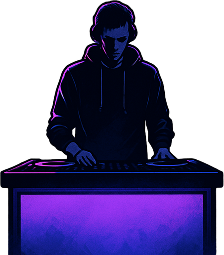 A cinematic comic book-style vertical panel, 2048x2732. Inside a moody, dimly lit underground bar, a lone DJ (Noah) stands behind a glowing DJ booth, facing forward but with his head slightly bowed. Sparse silhouettes of a few customers sit at shadowy tables, blurred by distance and smoke. Purple and blue neon lights gently illuminate the space. The atmosphere feels still, as if something important just began. A faint spotlight outlines Noah's figure. This scene conveys calm before momentum, subtle drama and emotional depth. No text or narration in the image..
In-Game asset.  2d.  High contrast.  No shadows