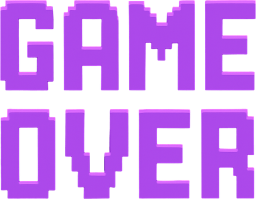 Pixel art “Game Over” text, bold retro arcade style, purple tones, glitch-free, clean and dramatic for rhythm game UI..
In-Game asset.  2d.  High contrast.  No shadows