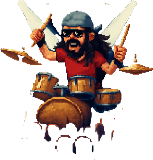 Add pixel cool crazy drummer, with glasses and gray bandana, red tshirt, long black hair, playing drums