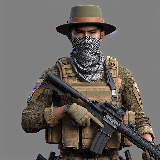 A man in the army suited with weapons.
Single Game Texture.  In-Game asset.  2d.  Blank background.  High contrast.  No shadows