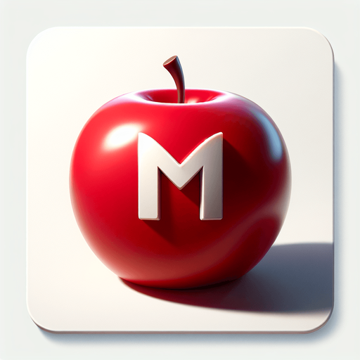 white " (M" on a red apple.
Single Game Texture. In-Game asset. 2d. Blank background. High contrast. No shadows.
