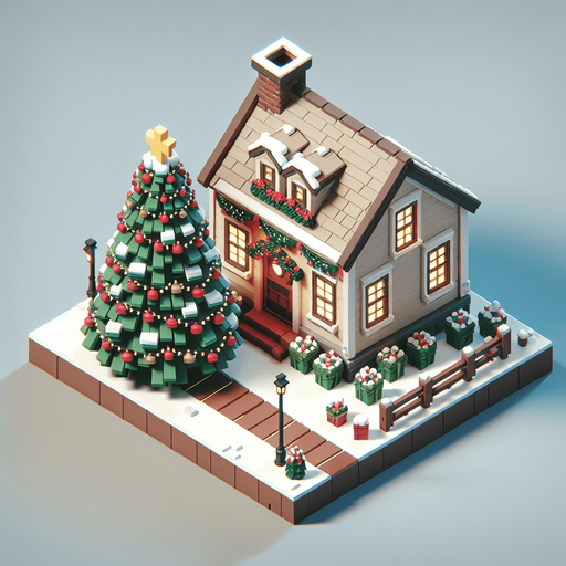 overhead view of simple box house christmas decorations giant christmas tree out front video game asset 2d blank background Single Game Texture. In-Game asset. 2d. Blank background. High contrast. No shadows.