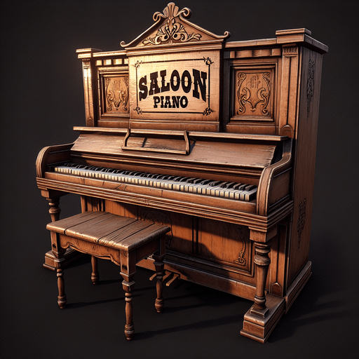 wild west  saloon piano real life.
Single Game Texture. In-Game asset. 2d. Blank background. High contrast. No shadows.