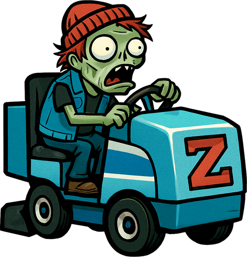 Un zombi con piel verdosa y pálida, cabello rojizo despeinado y un gorro de lana rojo. Viste un chaleco de mezclilla sin mangas sobre una camiseta negra y pantalones de mezclilla. Está sentado en un vehículo de mantenimiento de hielo azul y gris, similar a una Zamboni, con una gran "Z" roja en el frente. El vehículo tiene ruedas pequeñas y negras, y el Zomboni lo conduce con una expresión de asombro y determinación, con la boca abierta..
In-Game asset.  2d.  High contrast.  No shadows