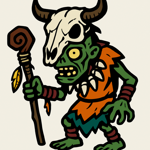 A shaman zombie,head wearing a cow skull.
In-Game asset.  2d.  High contrast.  No shadows