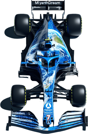 F1 race car. Glossy blue body painting and half covered with planet blue Earth. 
Blue front wing. 
myearthdream.com text on black rear wing. 7 number  on the nose of the car. Red Honda logo with White R logo on the nose of the car. Top view..
Single Game Texture. In-Game asset. 2d. Blank background. High contrast. No shadows.