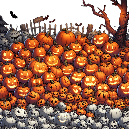 Generate a high quality cartoon background Halloween filled with pumpkins.
Single Game Texture. In-Game asset. 2d. Blank background. High contrast. No shadows.