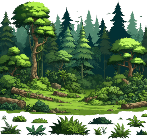 The theme of forest.
Single Game Texture. In-Game asset. 2d. Blank background. High contrast. No shadows.