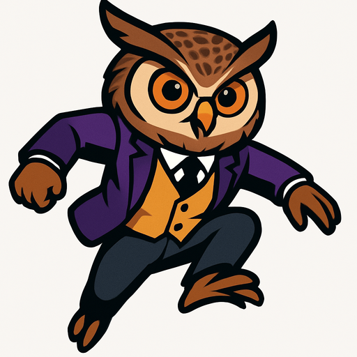 A stylized cartoon owl mascot with a sharp business suit, resembling a professional professor or detective. The owl has large expressive orange eyes, a speckled brown head, and detailed feathers. Its body is in mid-jump pose as if performing a parkour leap, arms slightly bent for momentum, legs tucked upward. The style is clean 2D vector art with high contrast, no shadows, and vibrant colors. Purple blazer, golden vest, black tie remain consistent. Background is blank. Focus on dynamic motion and confident energy, game-ready sprite texture.