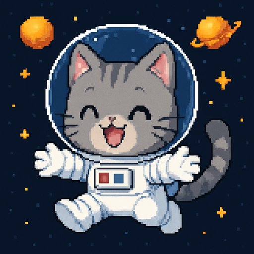A cute gray kitten, drawn in an adorable chibi anime style and wearing an astronaut suit, floats in outer space with its little paws outstretched as if reaching out for a hug. It meows sweetly, and the entire scene is illustrated in charming Pixel Art style.
