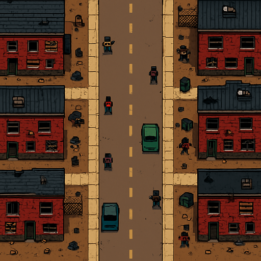 una calle muy ancha de un vecindario peligroso hecho con pixeles y la perspectiva desde el cielo
In-Game asset.  2d.  High contrast.  No shadows
