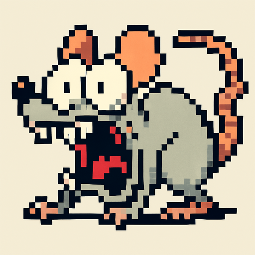 Raton tipo pixel art earthworm jim, la personalidad del ratón debe ser frenética asustadizo como la de ten de ten y stimpy, debe estar en cuatro patas.
In-Game asset.  2d.  High contrast.  No shadows